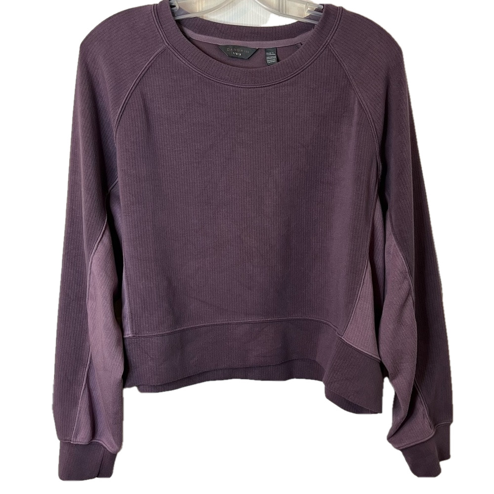 Danskin Drop Sleeve Two Tone Eggplant Crew Neck Cropped Sweatshirt Womens L